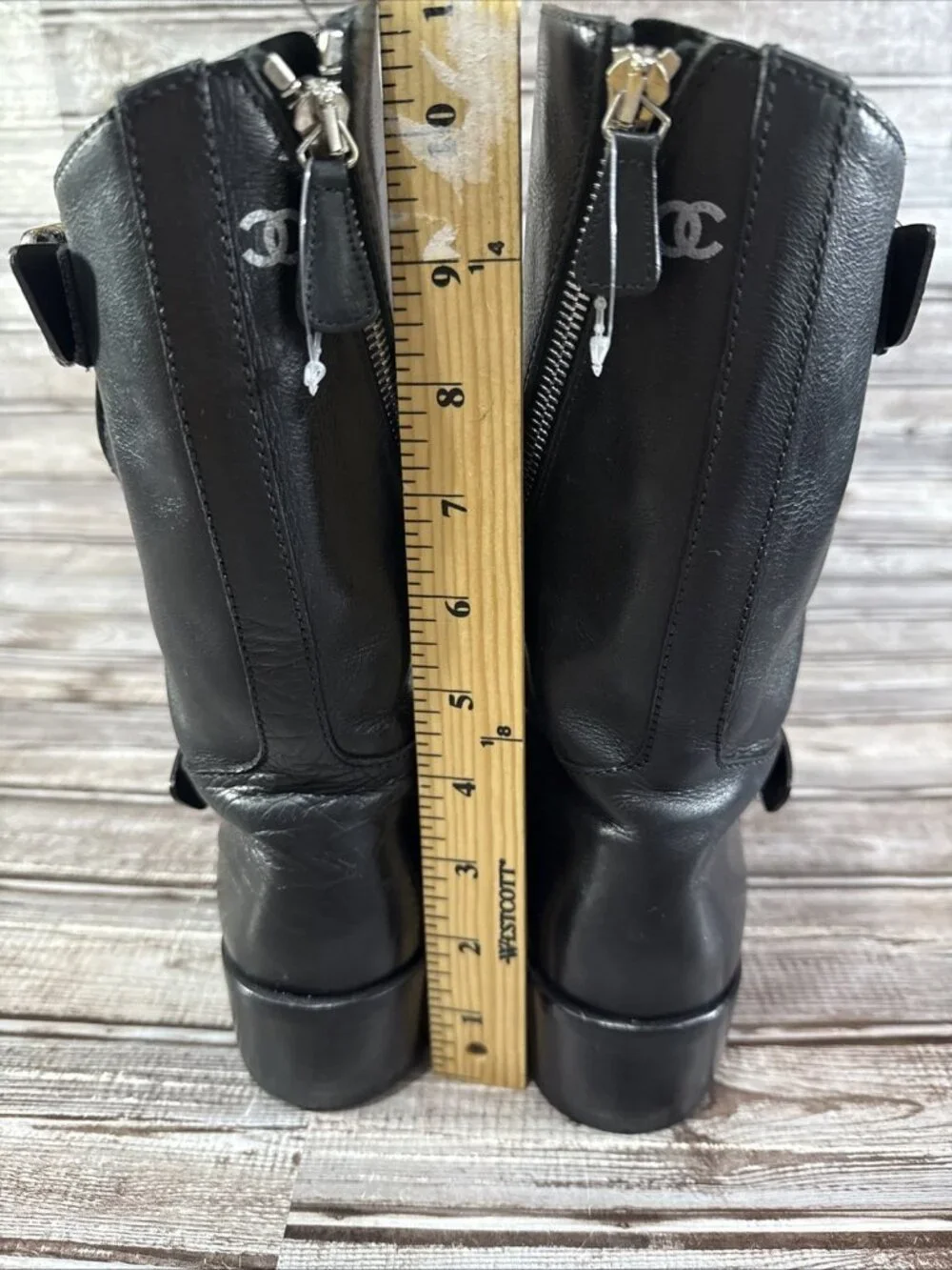 CHANEL Leather Double Buckle Zipper Detail Biker Boots Size 37 EU 7 US